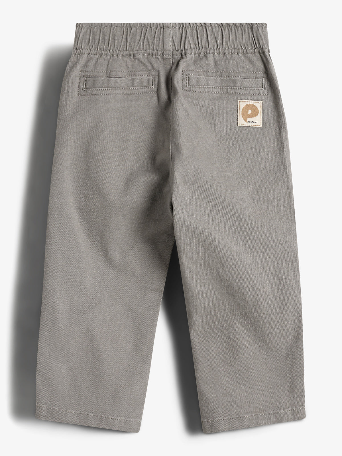 Gray pants with an elastic waistband and two rear pockets, displayed against a white background. A small patch reads "POPMAN" with a stylized letter "P" on the back.