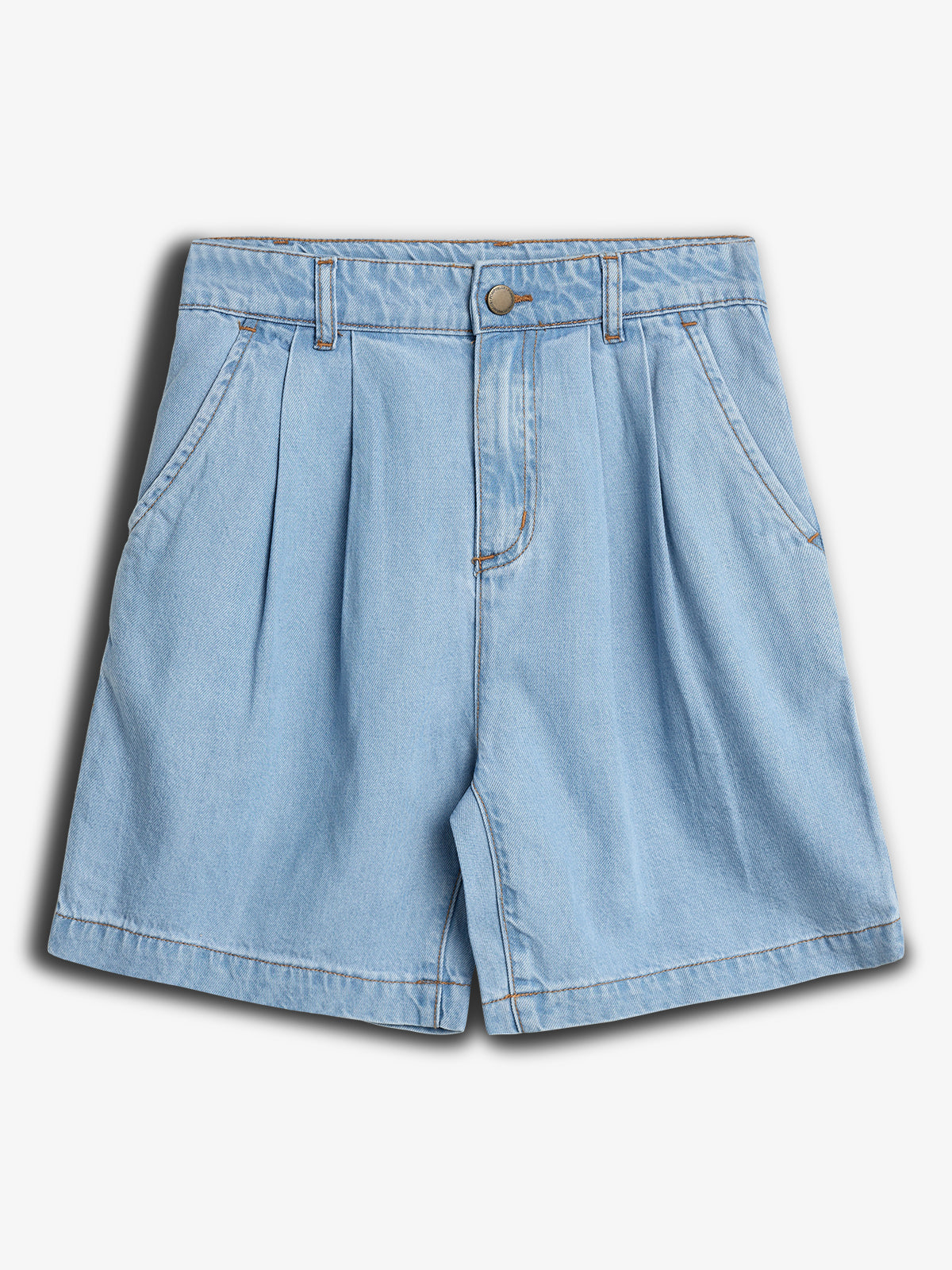 Light blue denim shorts with front pleats and pockets, button and zipper closure, displayed against a plain white background.