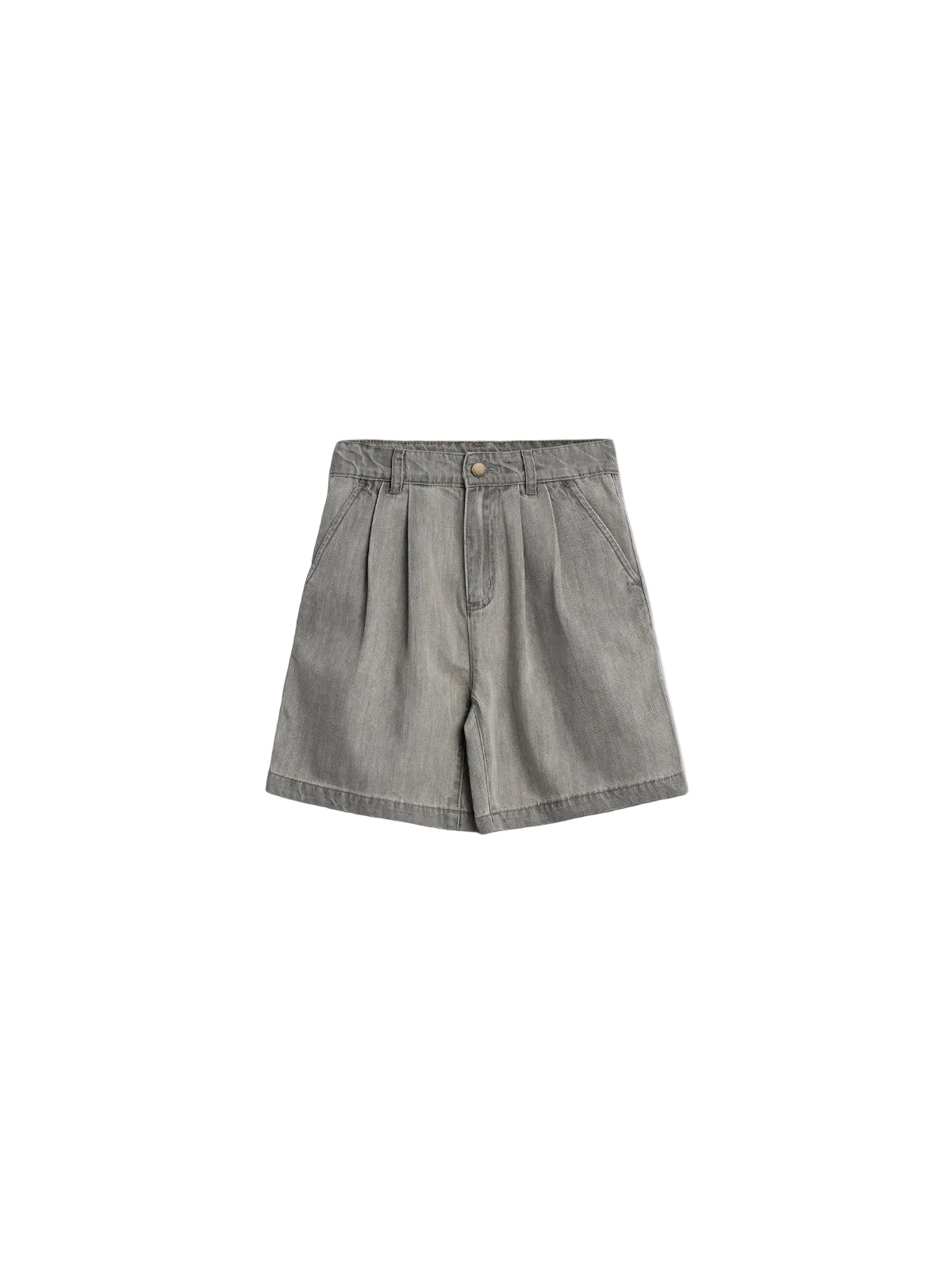 Gray denim shorts lay flat, featuring pleats and side pockets, with a button and zip closure. The background is plain white.