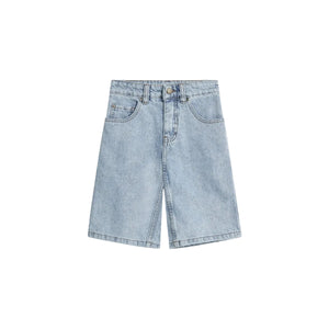 Denim shorts lay flat, displaying front pockets, belt loops, and a button closure. The background is plain white, emphasizing the light blue fabric and stitching details.