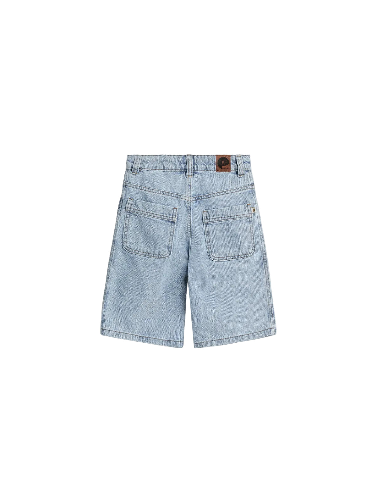 Light blue denim shorts with two large back pockets, belt loops, and a brown leather patch featuring a logo. They are laid flat against a plain, light-colored background.