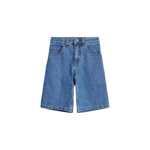 Denim shorts lie flat against a plain, light gray background, displaying front pockets, a button closure, and belt loops, highlighting their casual and versatile design.