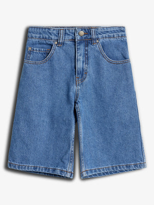Denim shorts lie flat against a plain, light gray background, displaying front pockets, a button closure, and belt loops, highlighting their casual and versatile design.