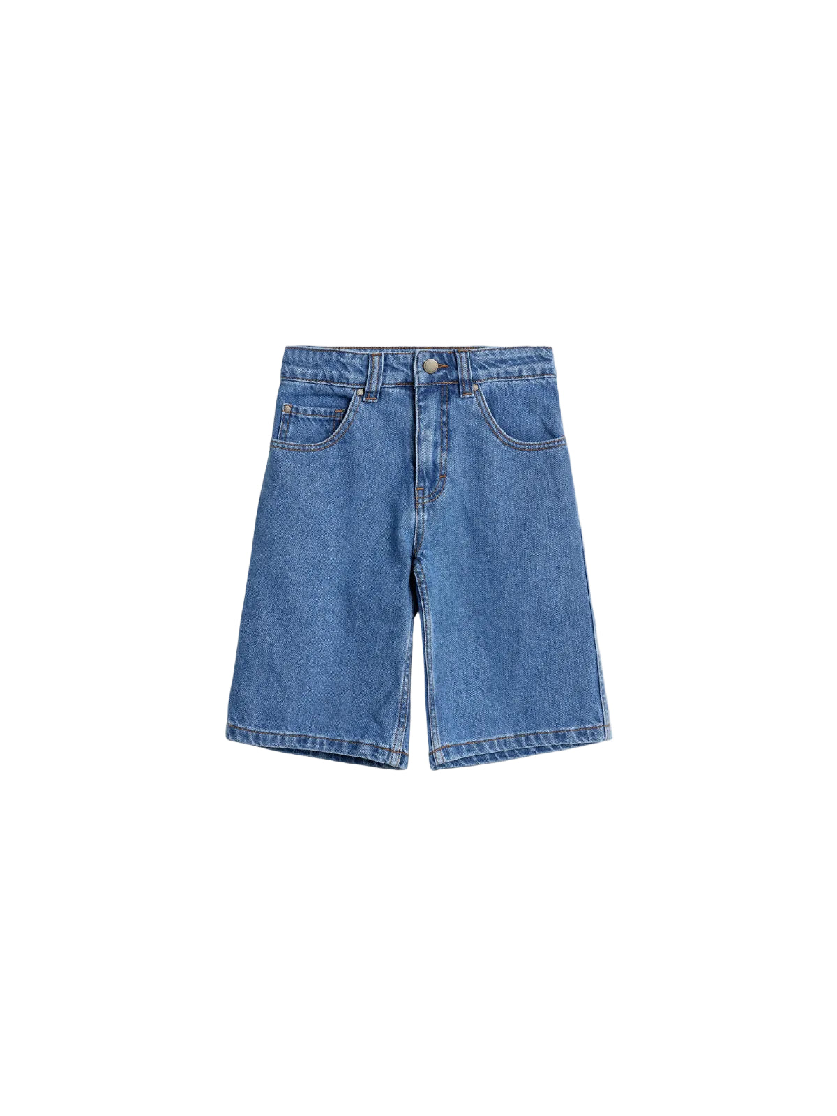 Denim shorts lie flat against a plain, light gray background, displaying front pockets, a button closure, and belt loops, highlighting their casual and versatile design.