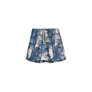 Blue and white shorts feature a palm tree pattern, with a drawstring waistband for adjustment. They are displayed against a neutral background, emphasizing their tropical design.