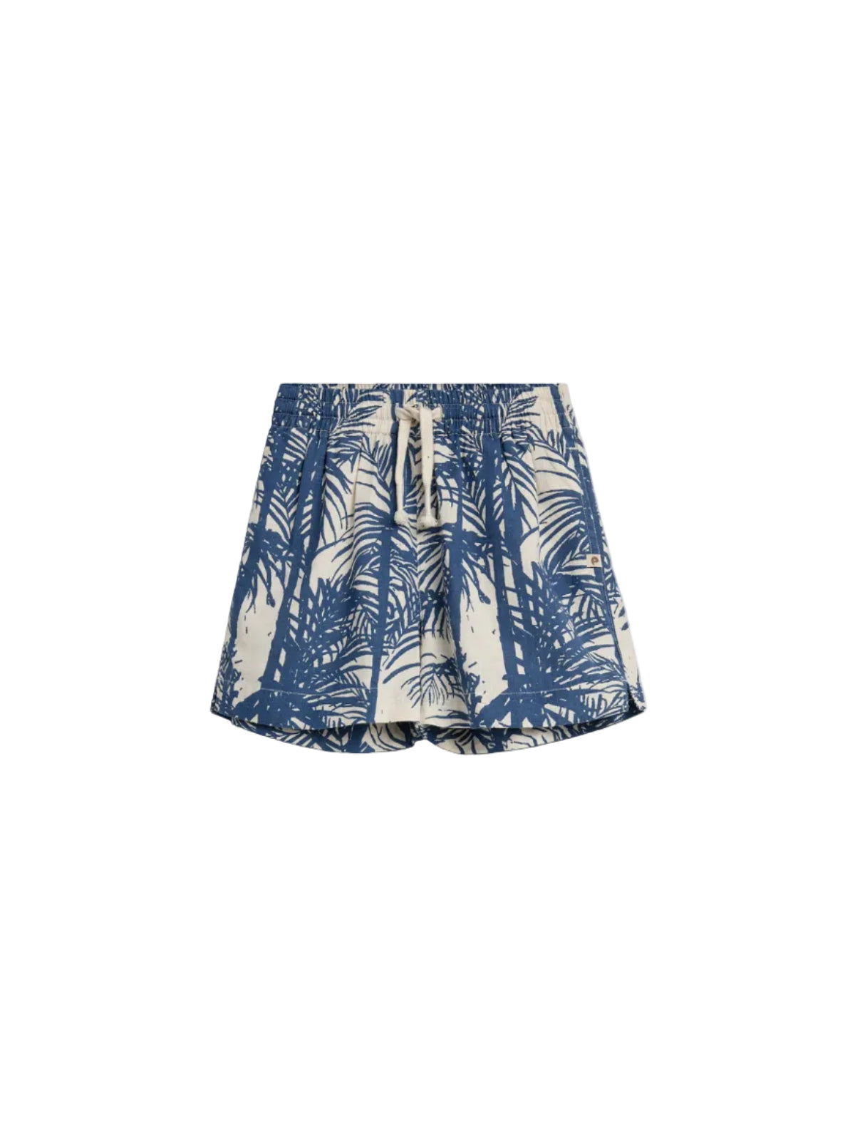 Shorts with blue palm tree prints stand out; the drawstring waist is tied in a bow. They're set against a plain white background, emphasizing their casual, tropical vibe.