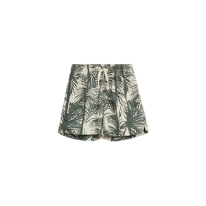 Khaki shorts with a green palm leaf pattern, featuring an elastic waistband and drawstring, are displayed against a plain white background.