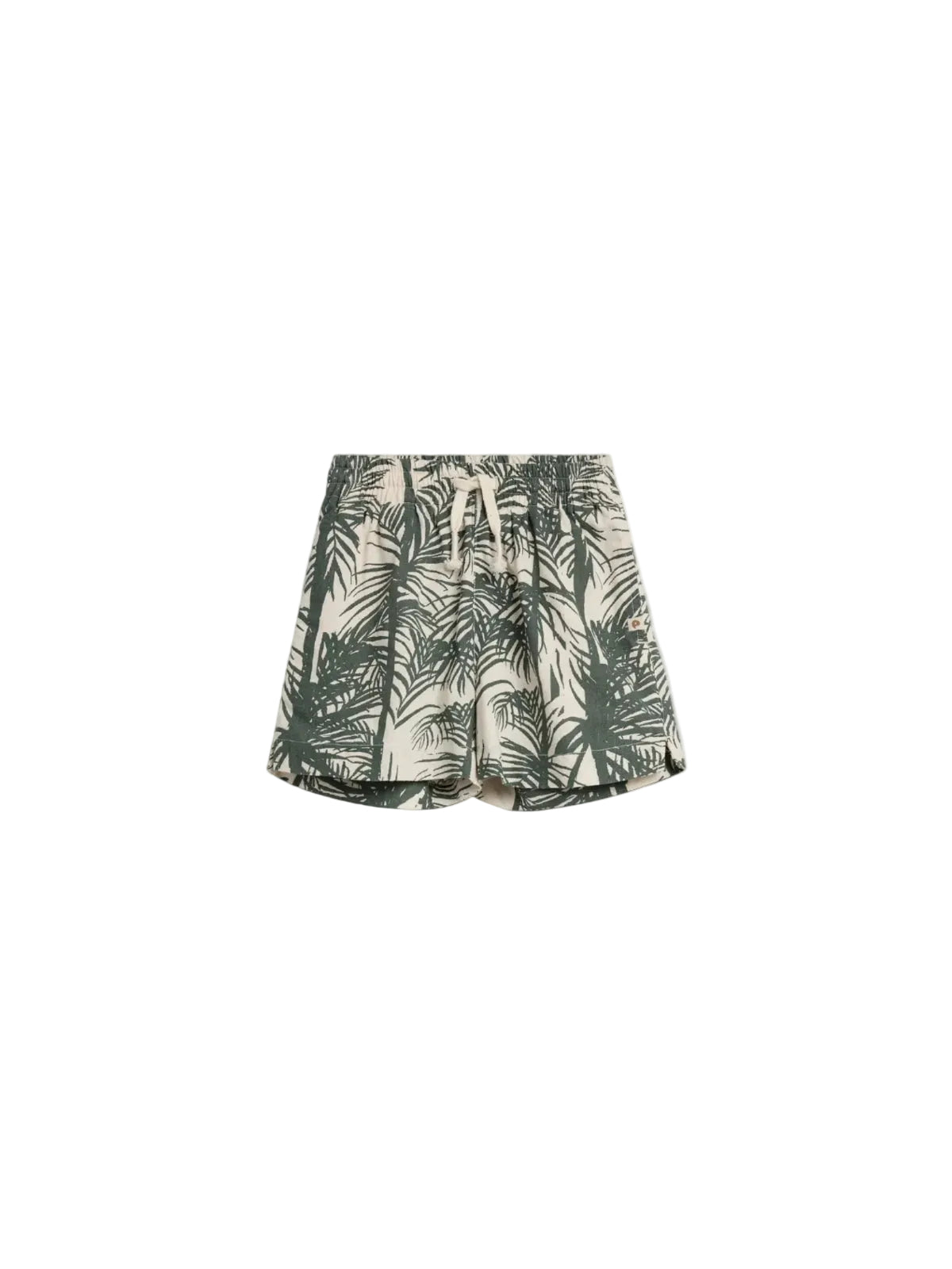 Khaki shorts with a green palm leaf pattern, featuring an elastic waistband and drawstring, are displayed against a plain white background.