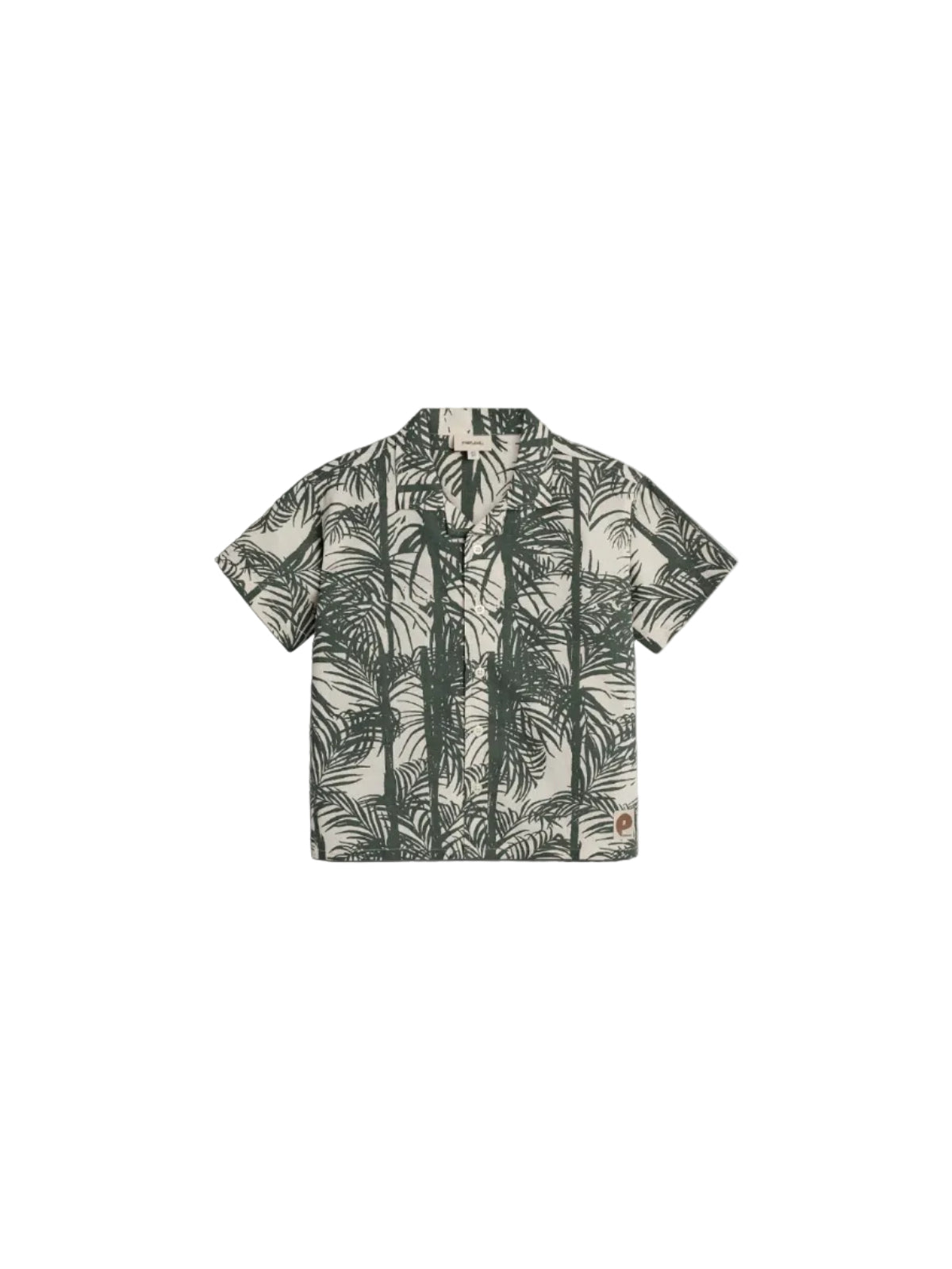 Short-sleeved shirt features a tropical palm leaf print in dark green on a light background. It has buttons down the front and a collar, set against a plain backdrop.