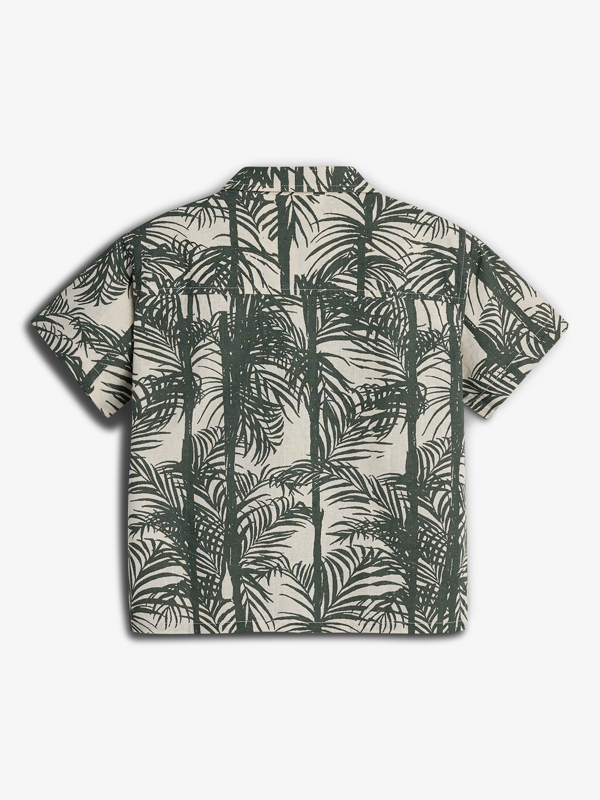Shirt displaying a pattern of green palm trees and leaves, viewed from the back, with short sleeves and a light background. No additional surrounding elements or text.