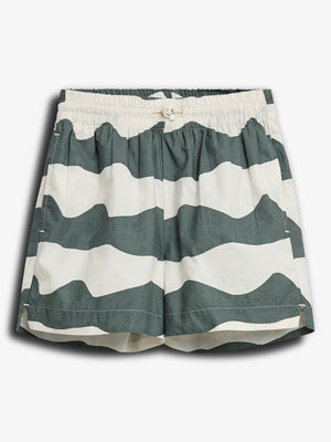 Green and white striped shorts with an elastic waistband and drawstring, lying flat against a white background. The pattern alternates between broad horizontal stripes, creating a casual appearance.