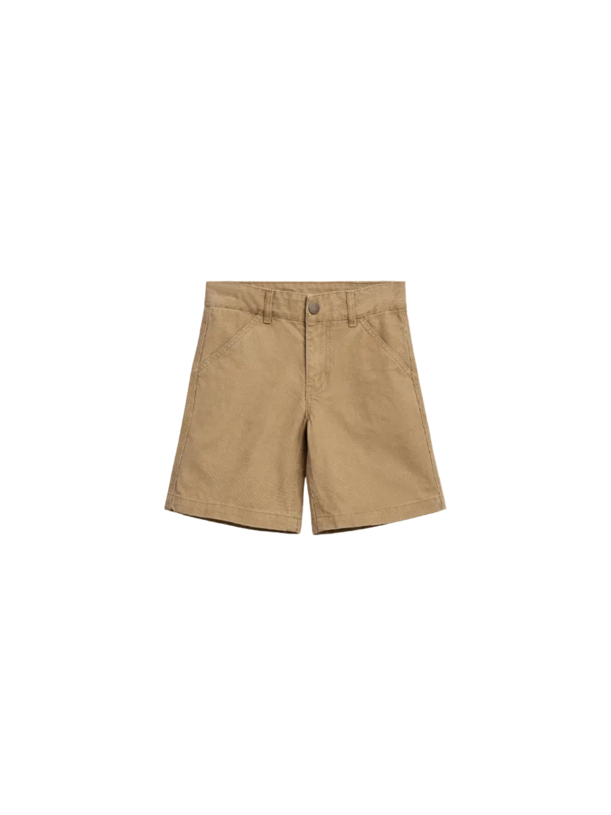 Tan shorts lie flat, featuring a single button and zip closure with two front pockets. The shorts are positioned on a plain white background.