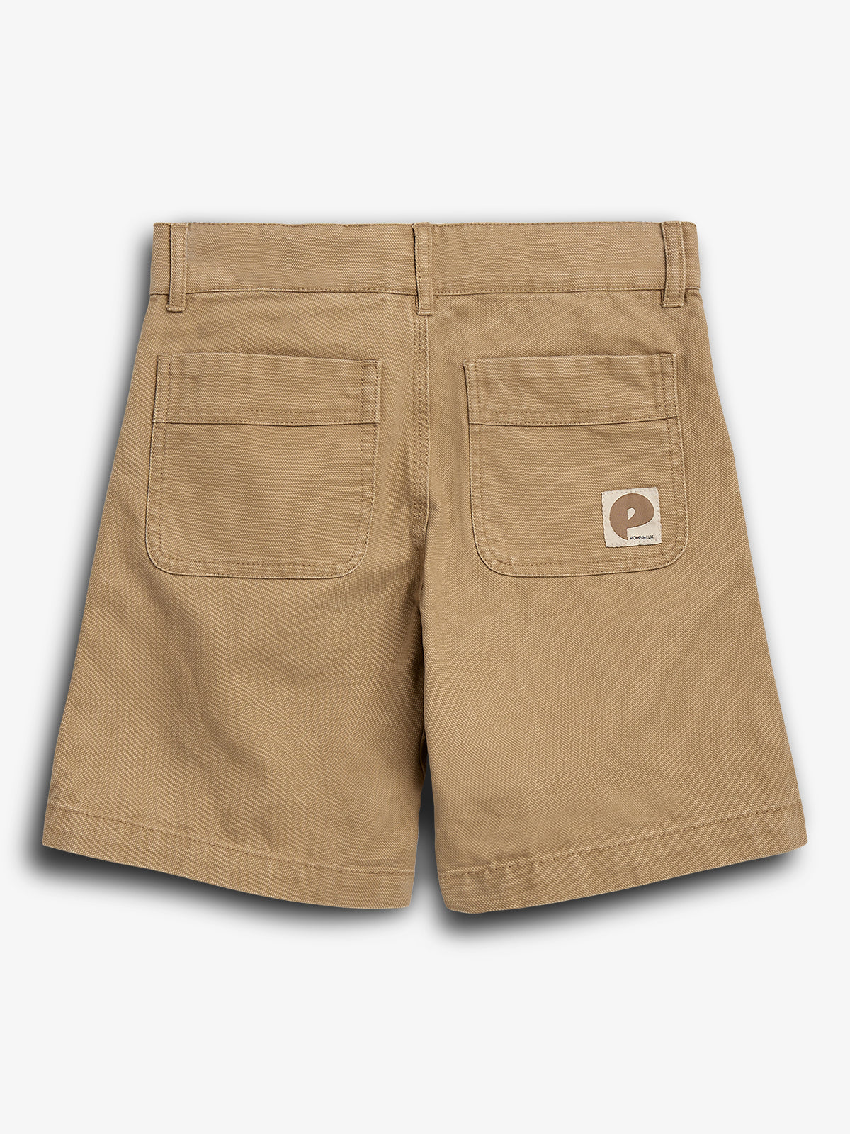 Tan shorts with two rear pockets feature a small fabric logo on the right pocket. The shorts are displayed against a plain white background, emphasizing their casual design.