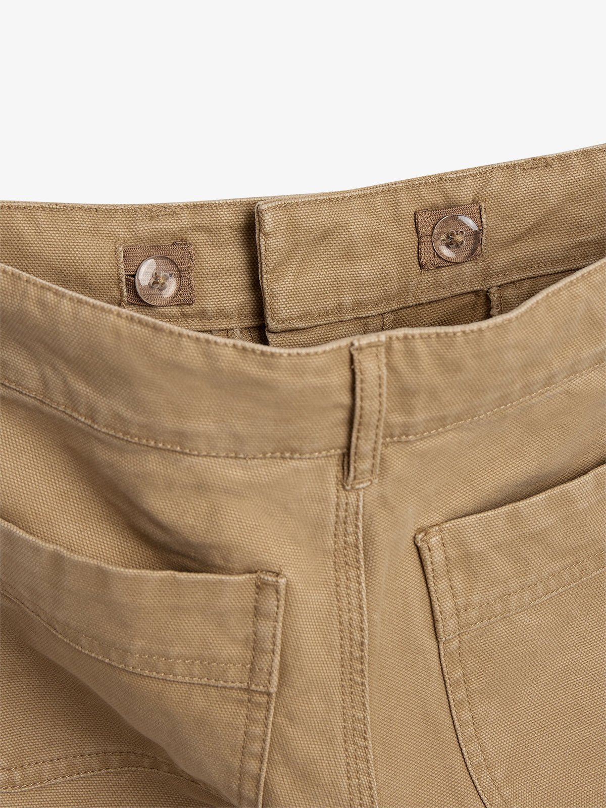 Khaki pants with two large pockets and buttoned belt loops, displayed against a neutral background. The fabric appears sturdy and well-stitched, suitable for casual or workwear settings.