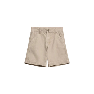 Beige khaki shorts with a button and zip closure, front pockets, and belt loops, displayed flat against a plain white background.