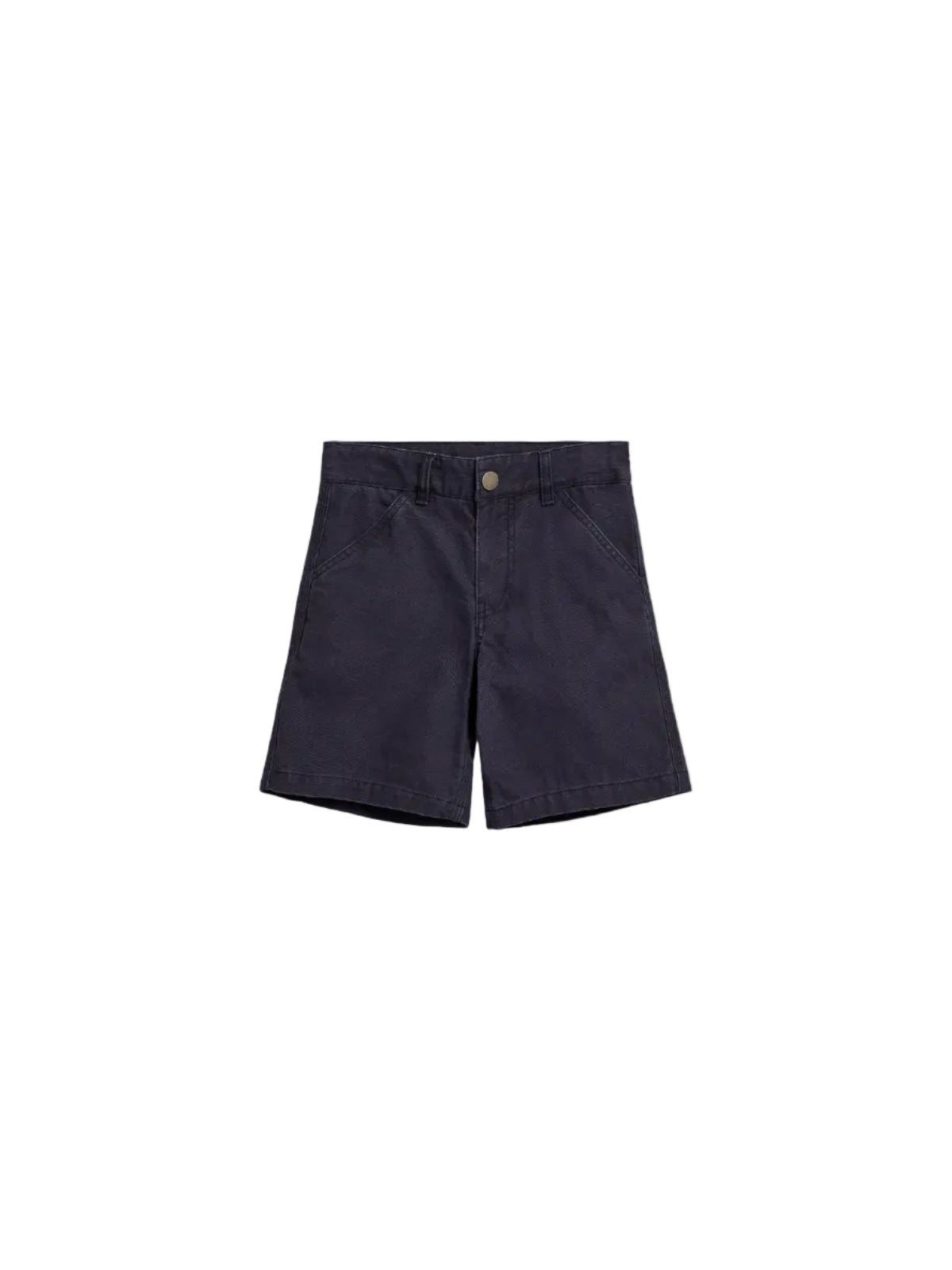 Dark navy shorts are neatly laid out against a plain white background. They feature front pockets, belt loops, and a button closure, creating a simple, casual appearance.