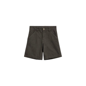 Dark gray shorts lie flat, featuring two front pockets and a button closure, set against a plain white background.