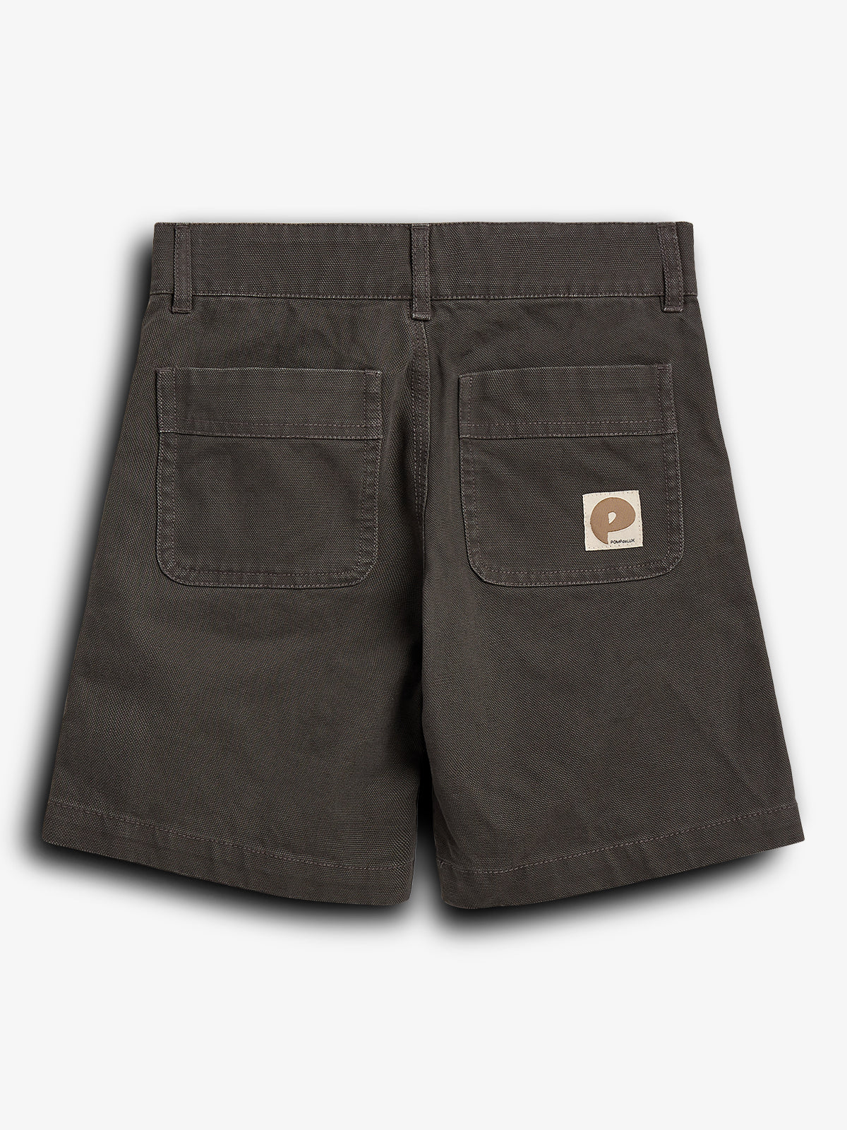 Dark brown shorts are displayed flat, viewed from the back, with visible belt loops and two rear pockets. A small beige label with the text "POTMEETPOP" is on the right pocket.