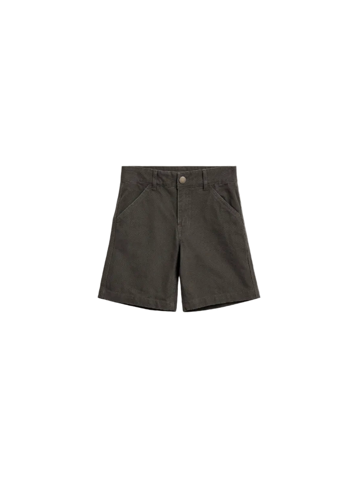 Dark brown shorts with a button closure and belt loops, featuring two front pockets. Laid flat on a plain white background.