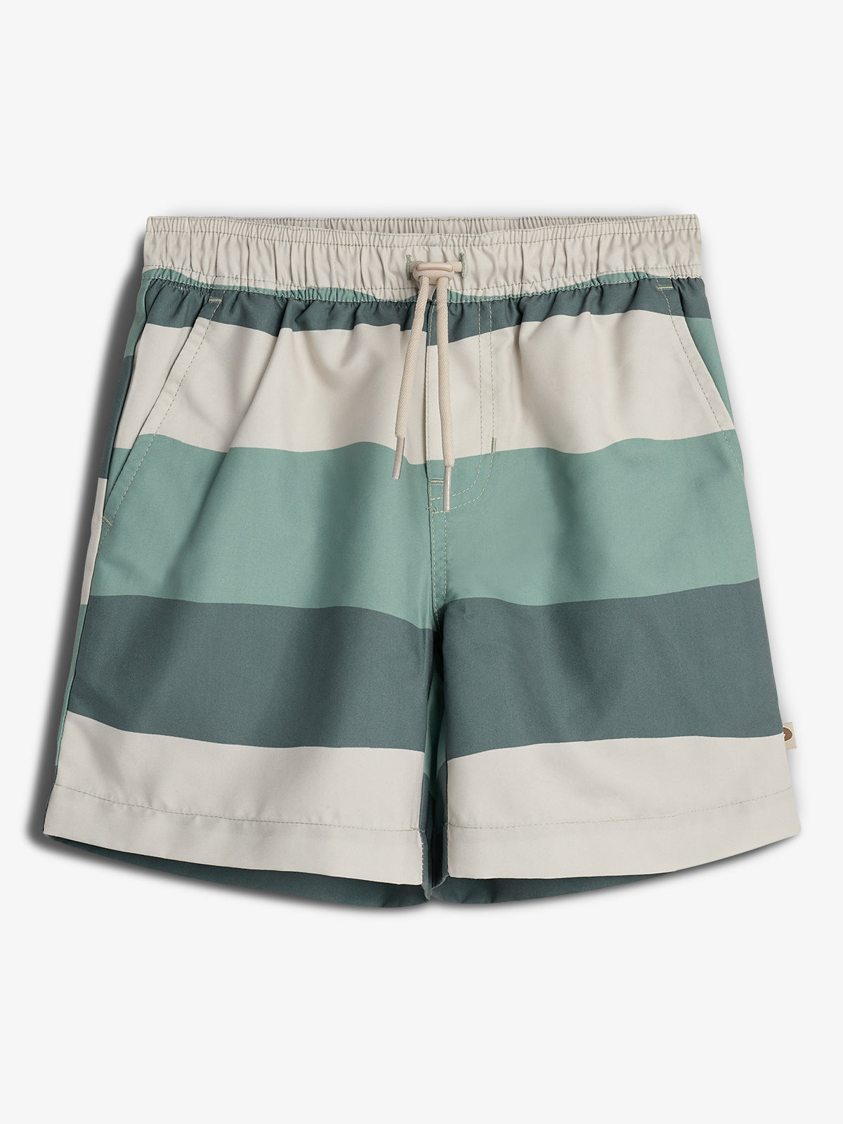 Striped swim shorts feature horizontal bands in teal, light green, and cream. They have an elastic waistband with a drawstring, creating a casual look against a white background.