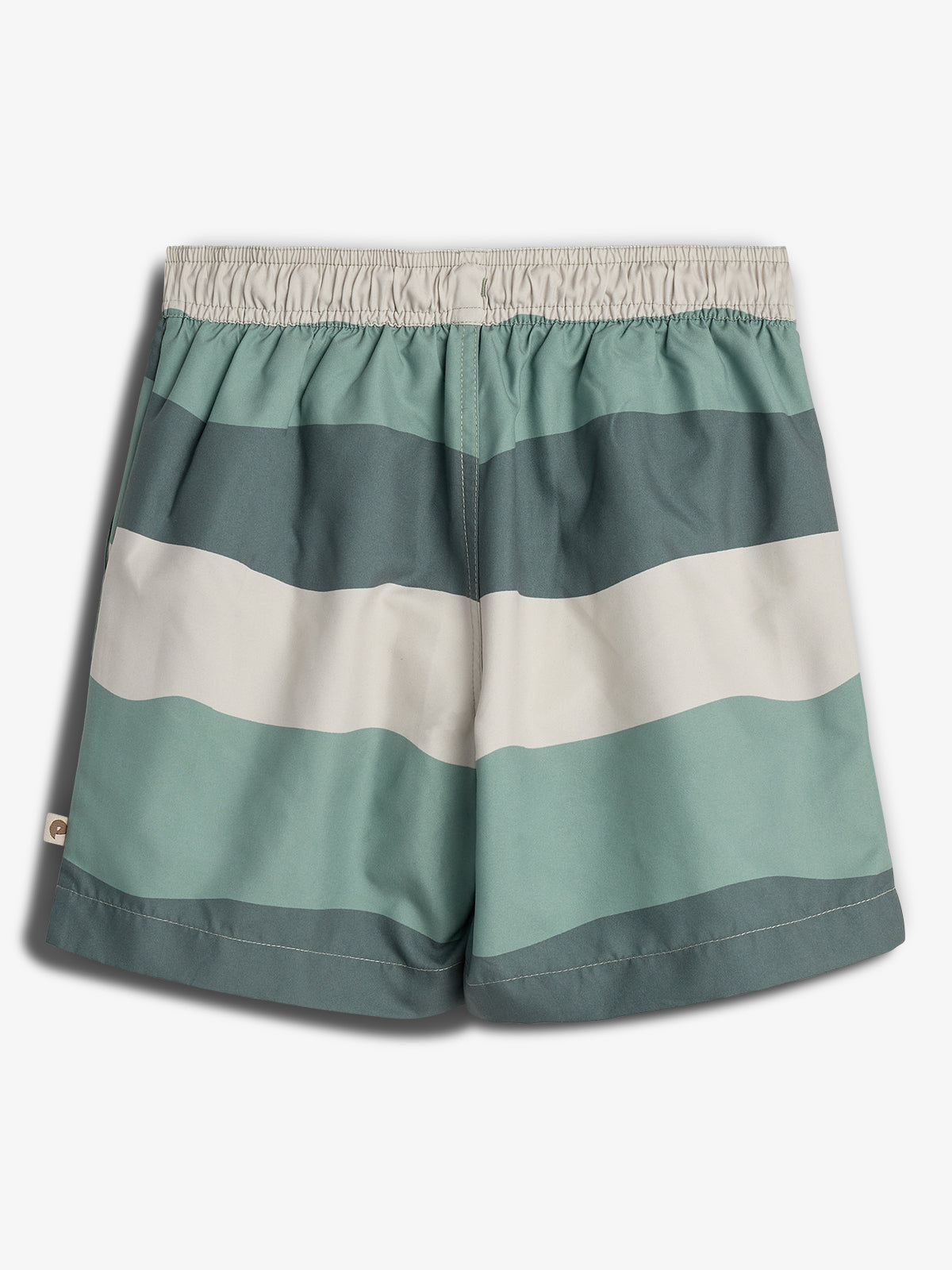 Shorts with wide horizontal stripes in dark green, light green, and beige. They have an elastic waistband and appear laid flat against a plain white background.