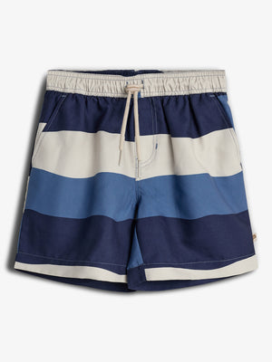 Shorts with horizontal navy and beige stripes, featuring an elastic waistband with drawstring, positioned against a plain white background.