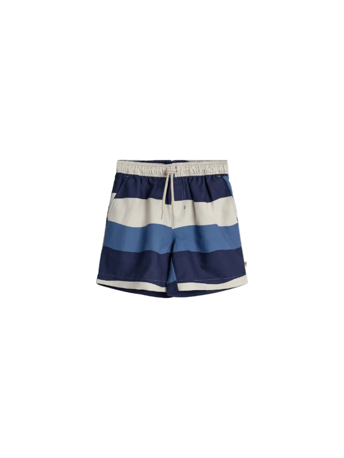 Shorts with horizontal navy and beige stripes, featuring an elastic waistband with drawstring, positioned against a plain white background.