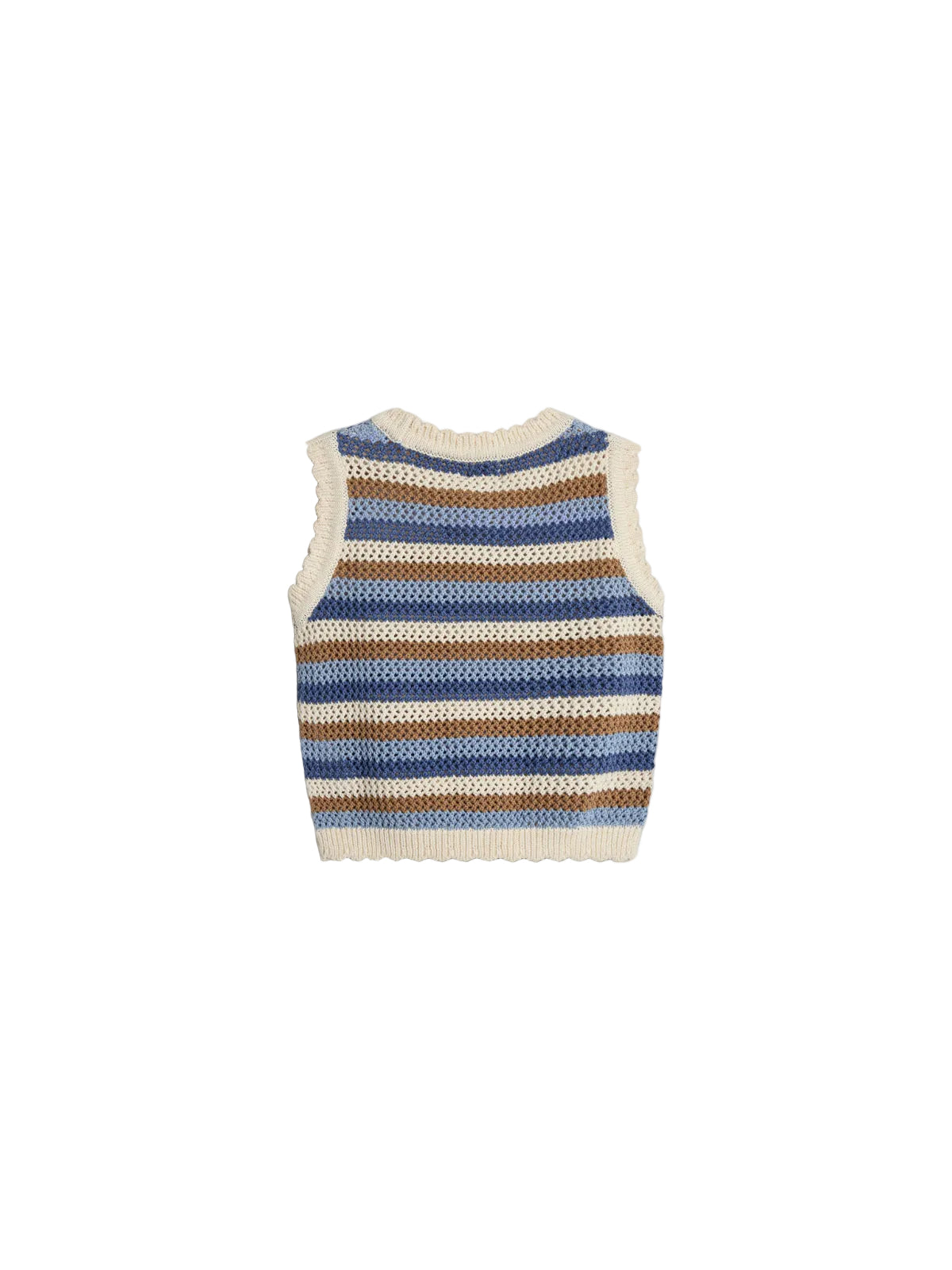 A sleeveless knitted vest features horizontal stripes in white, brown, and blue. The texture is mesh-like, and it lies flat against a plain white background.