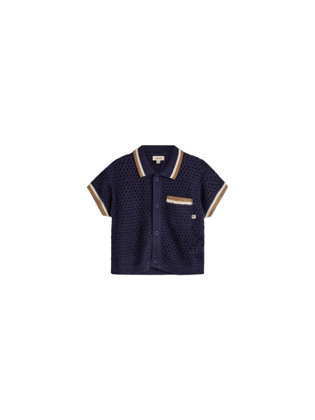 A navy blue knitted short-sleeve shirt with button closure is presented on a plain background. It features a textured pattern, pocket with beige accents, and a label reading "puma kids."