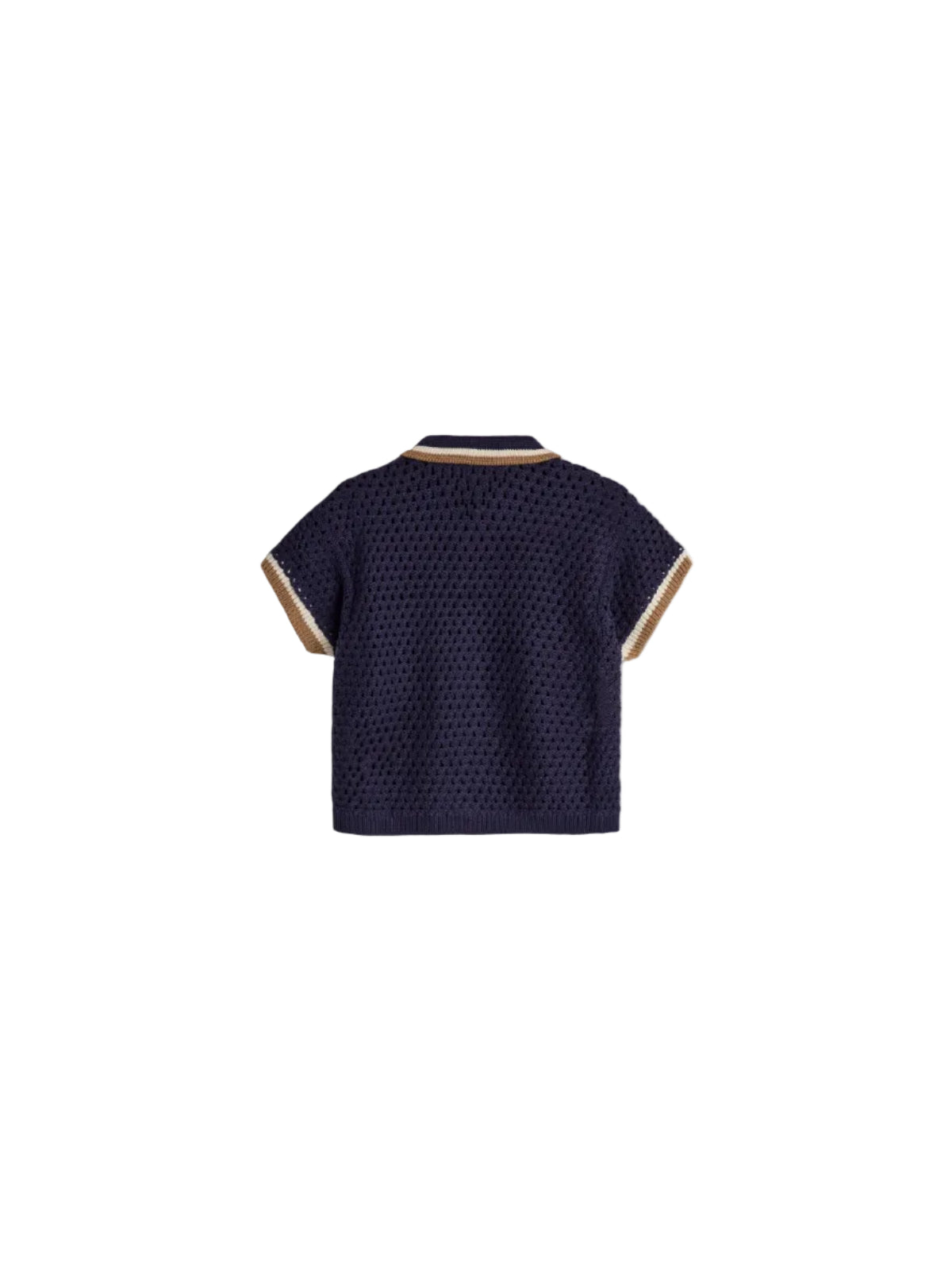 A short-sleeved navy crochet top features tan and white trim on the collar and sleeves, displayed against a plain white background.