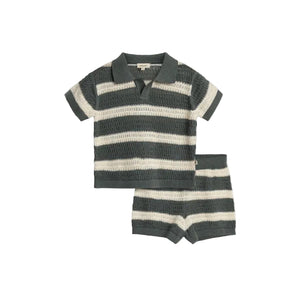 A knitted outfit features a short-sleeved collared shirt and shorts with green and white stripes. The label inside the shirt reads "pamelacute." Both pieces have a textured, open-knit design.