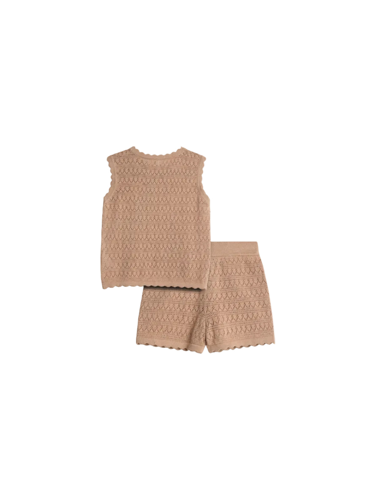 Sleeveless knit top and matching shorts, made of soft, beige yarn with a delicate, repetitive diamond pattern. Displayed on a plain, light background, showcasing scalloped edging.