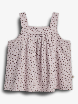 Sleeveless floral-printed pink top with gathered fabric, featuring wide shoulder straps. The lightweight material has a textured appearance, creating a soft, flowing effect. It's displayed against a plain white background.