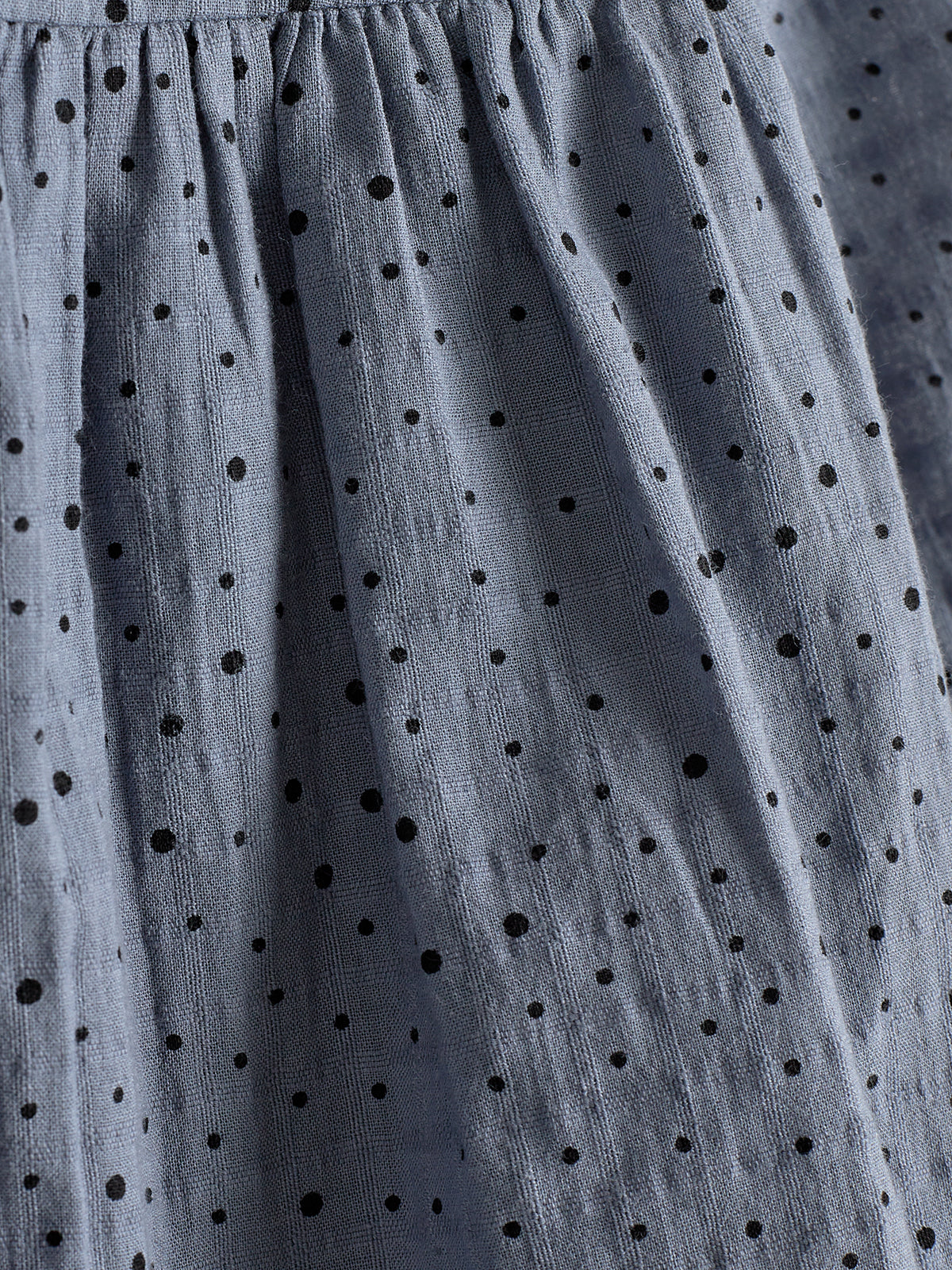 Gray fabric with small black polka dots appears gathered, creating a textured look. The focus is on the fabric's detail, highlighting its soft and patterned design.