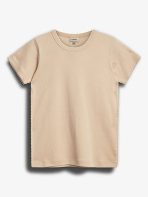 Beige T-shirt displayed flat; the shirt is short-sleeved with a round neck. Context is a plain white background. Text on the label: "mini merle, USA 140".