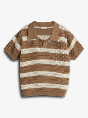 A striped short-sleeve knit shirt with a collared neck features alternating brown and cream horizontal stripes. The tag inside the collar reads "Parallel." The shirt is displayed against a white background.