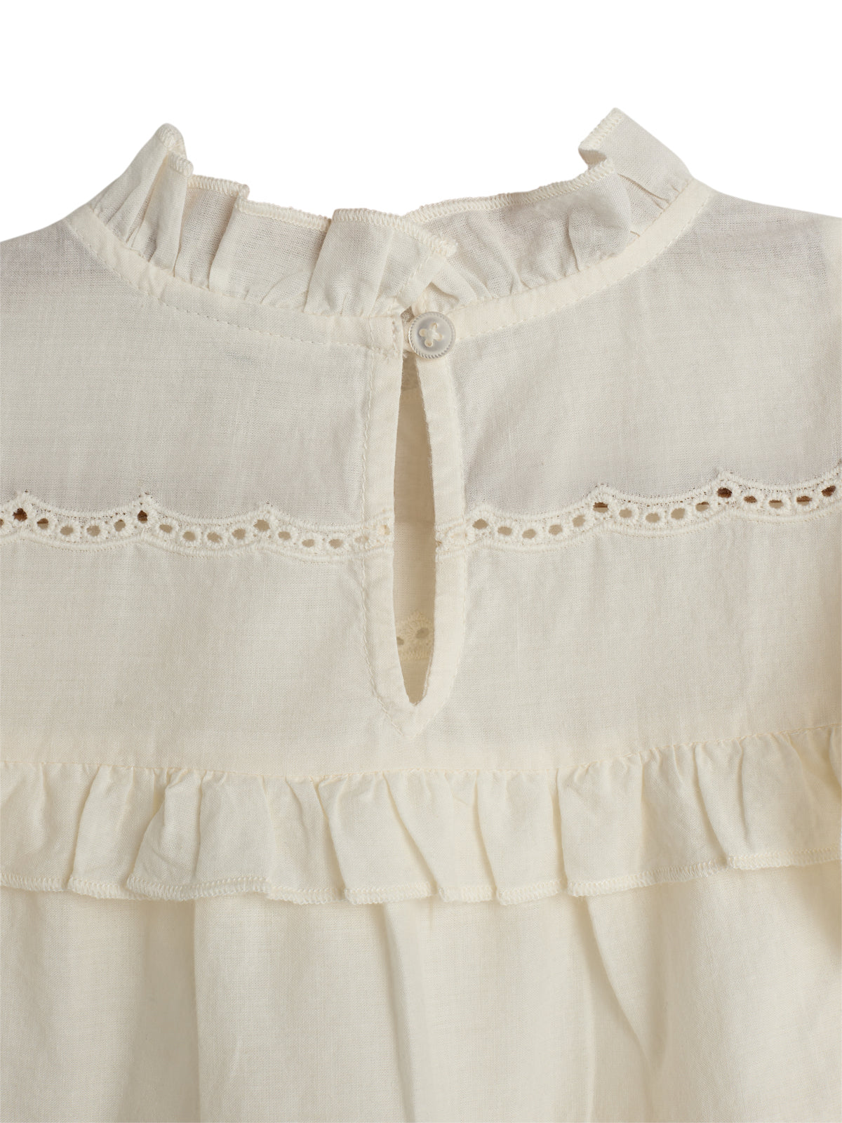 Cream-colored blouse; features a button closure and keyhole cutout at the back, with delicate lace trim and ruffled details; set against a plain background.