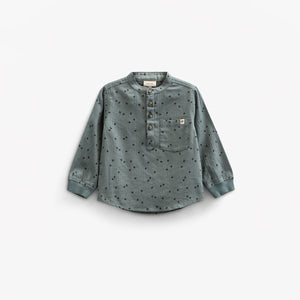 Herringbone Woven Cotton Shirt w/ Print - Kids - Dark Dusty Green | 100761 Edward