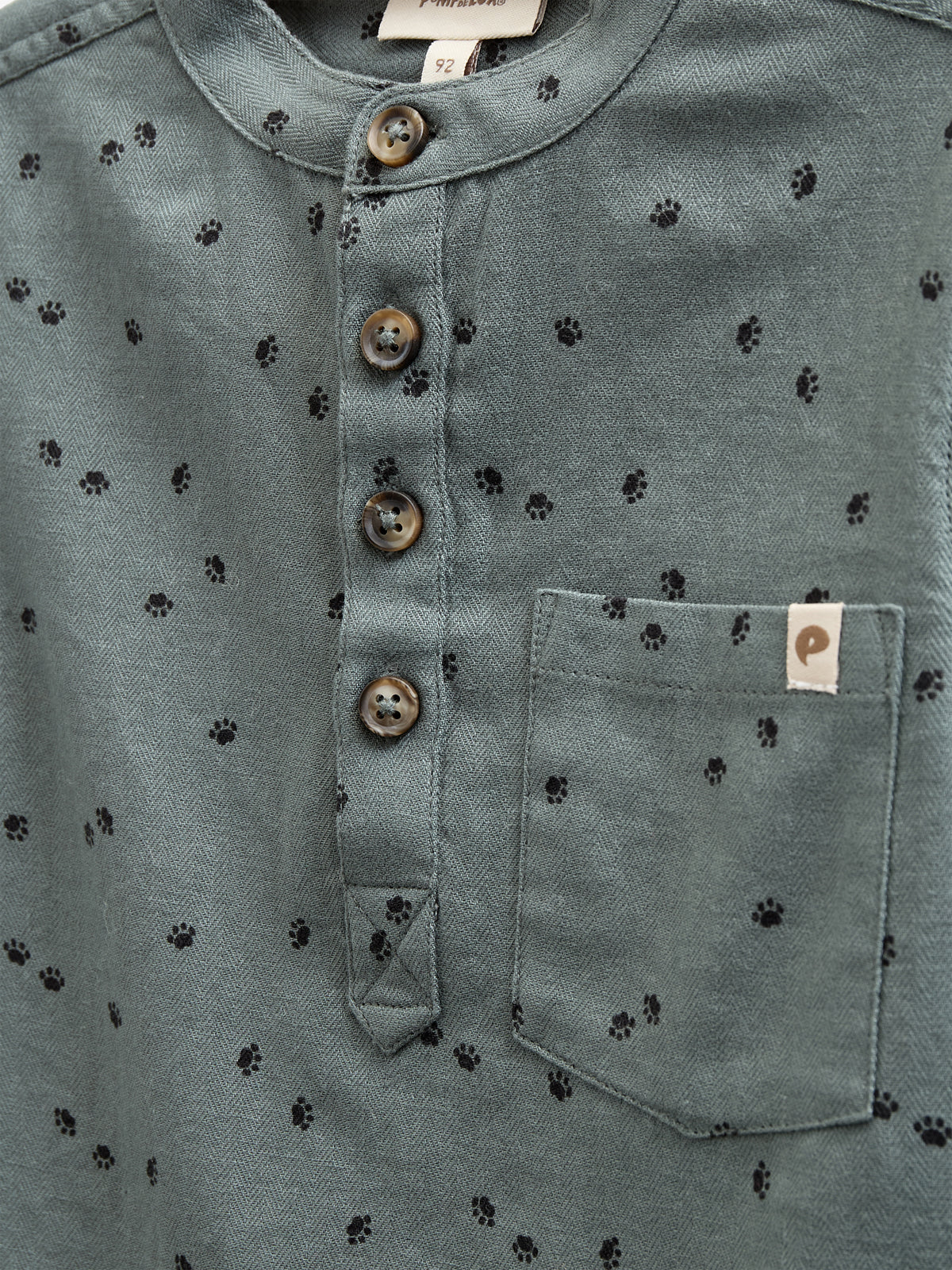 Herringbone Woven Cotton Shirt w/ Print - Kids - Dark Dusty Green | 100761 Edward