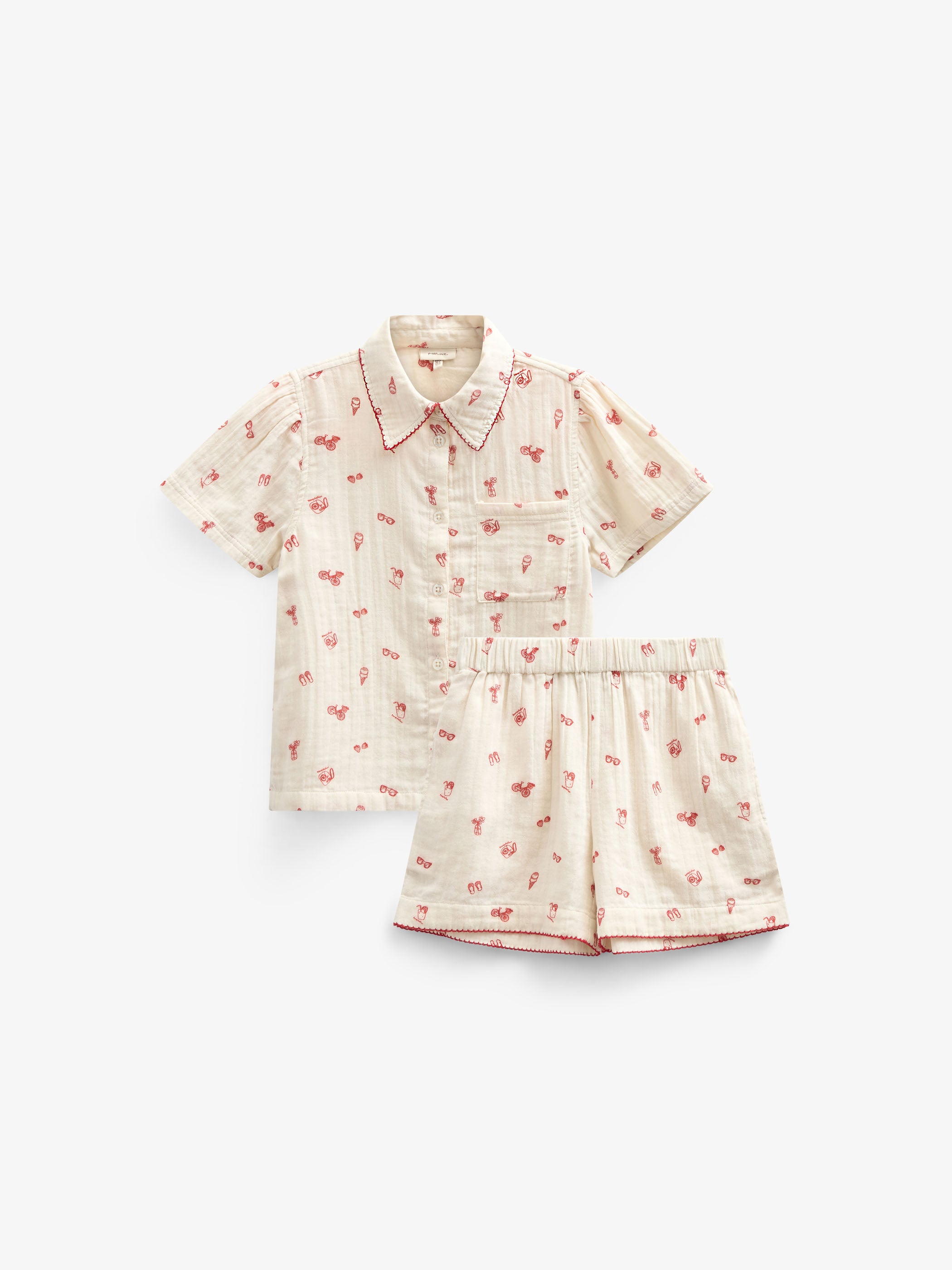 Printed Gauze Shirt and Shorts Set - Tween - Offwhite/Cherry Red | 100973 Fiona