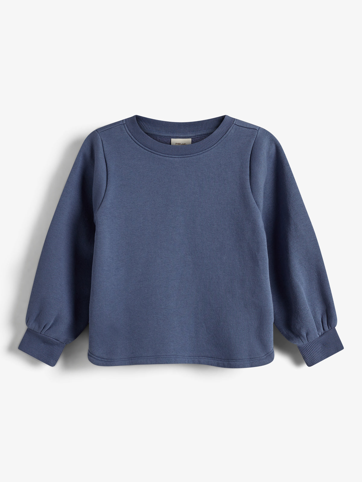 A plain blue long-sleeve sweatshirt with ribbed cuffs and neckline is displayed against a plain white background. No text is present.