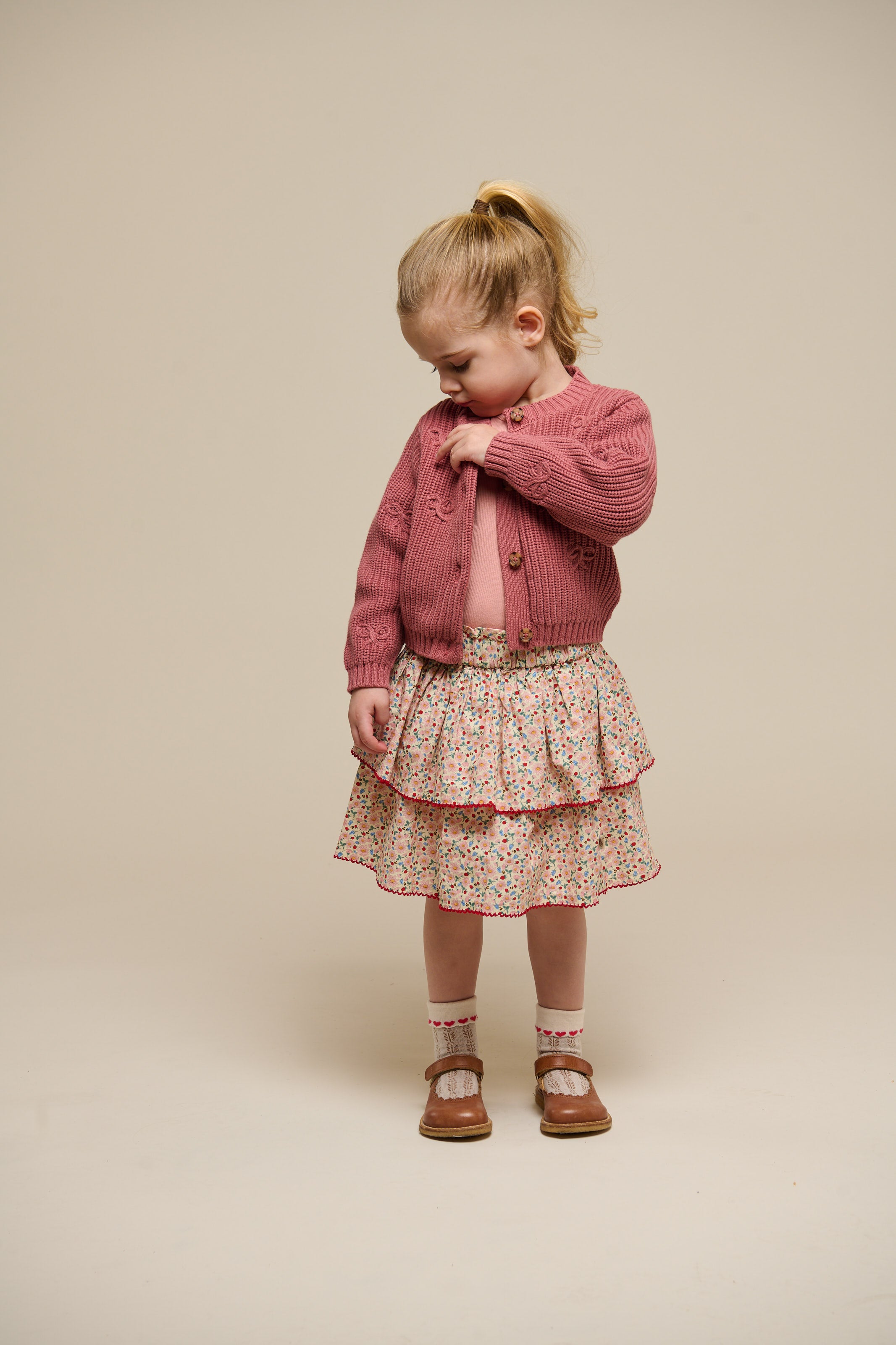 Cotton Knit Cardigan with Bows - Kids - Old Rose | 100792 Freya