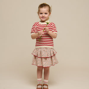 Striped Short Sleeve Cotton Knit - Kids - Cherry Red Stripe | 101239 Martha