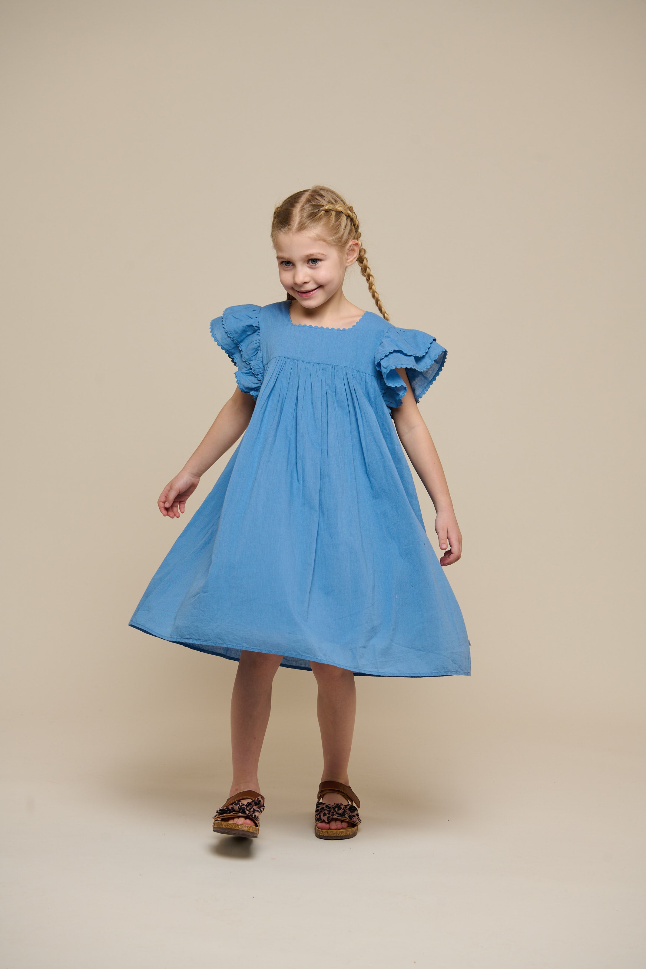 Cotton Dress with Ric Rac Frill - Tween - Dusty Blue | 101067 Alma