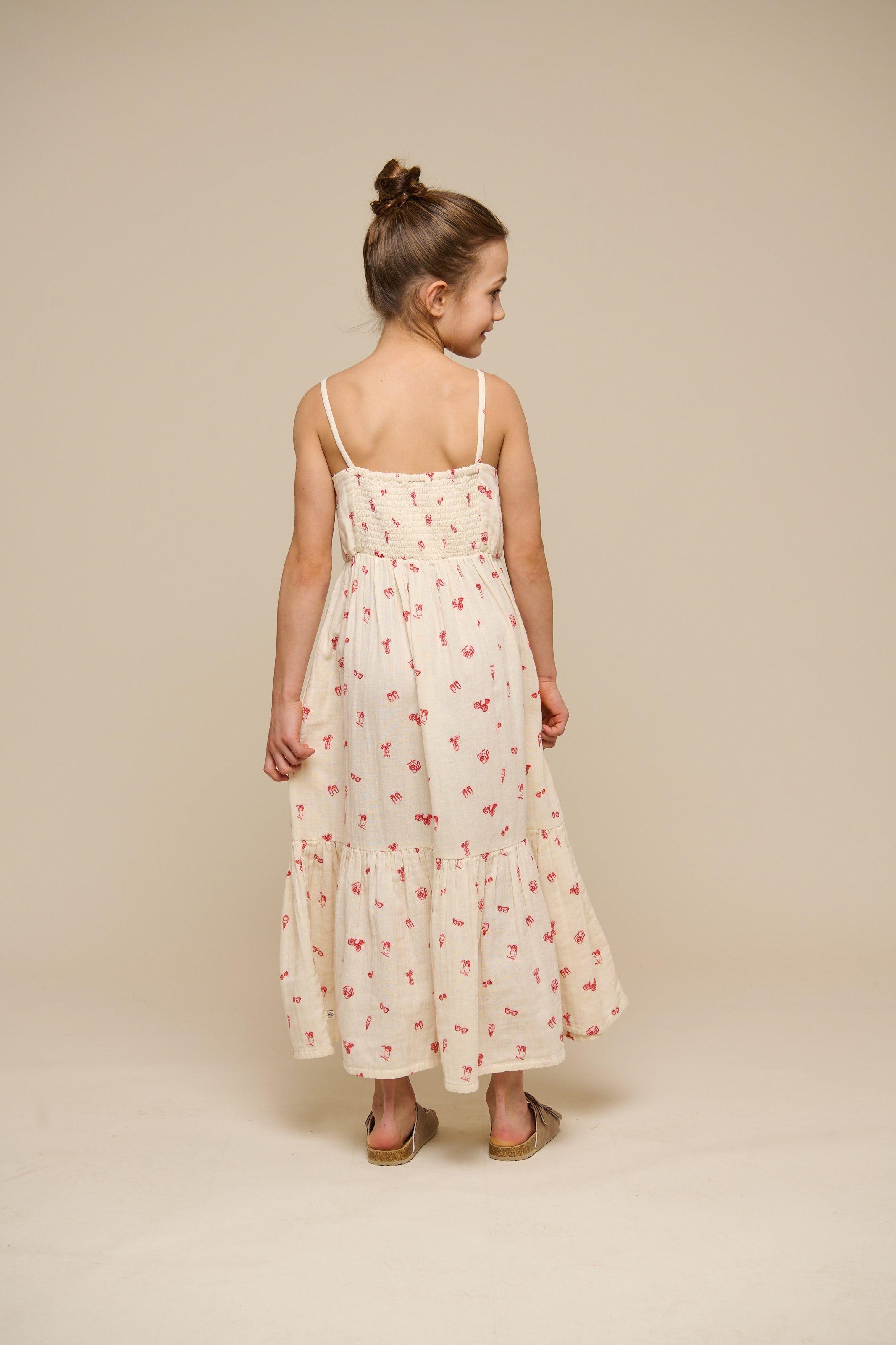 Printed Gauze Midi Strap Dress - Tween - Offwhite/Cherry Red | 100974 Fiona