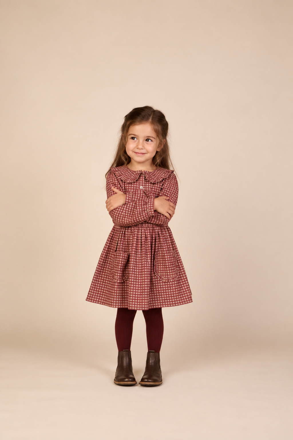 Frill Collar Poplin Blouse - Kids - Bordeaux Check | 101449 Julia