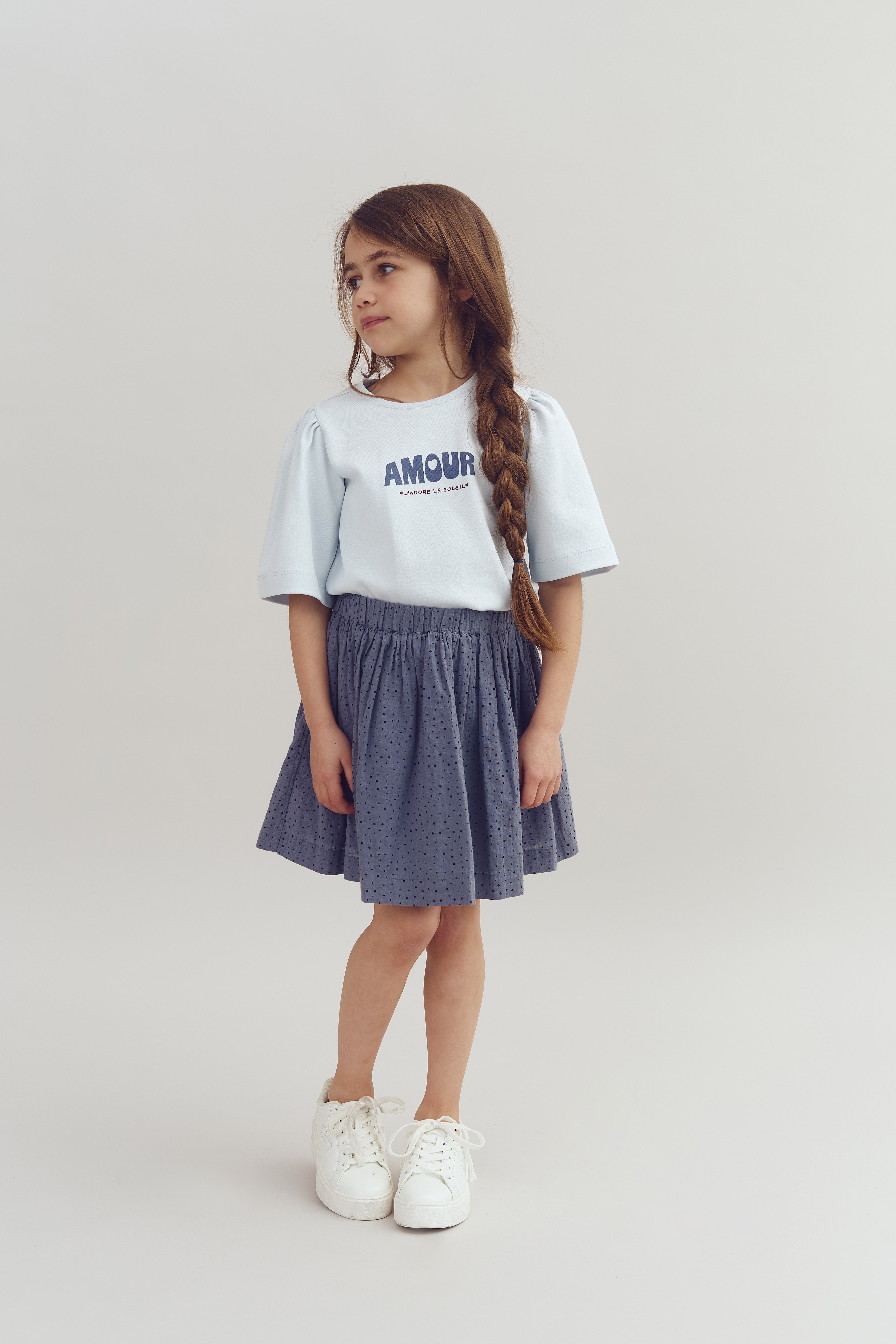 Cotton Skirt w. Micro Dots - Kids - Dusty Blue