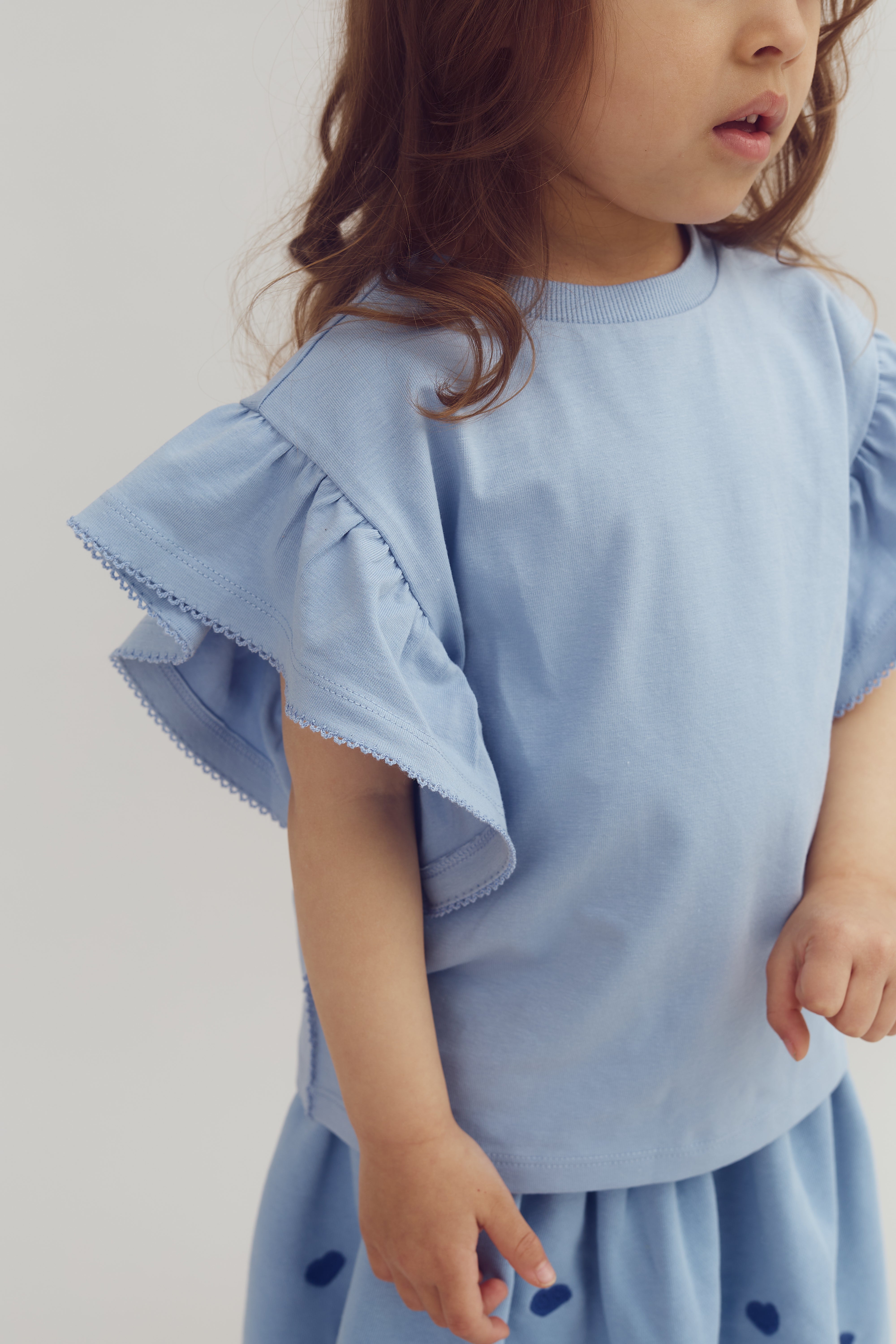 Ruffle Sleeve T-Shirt w. Picot stitch - Blue | 100257 Vilde