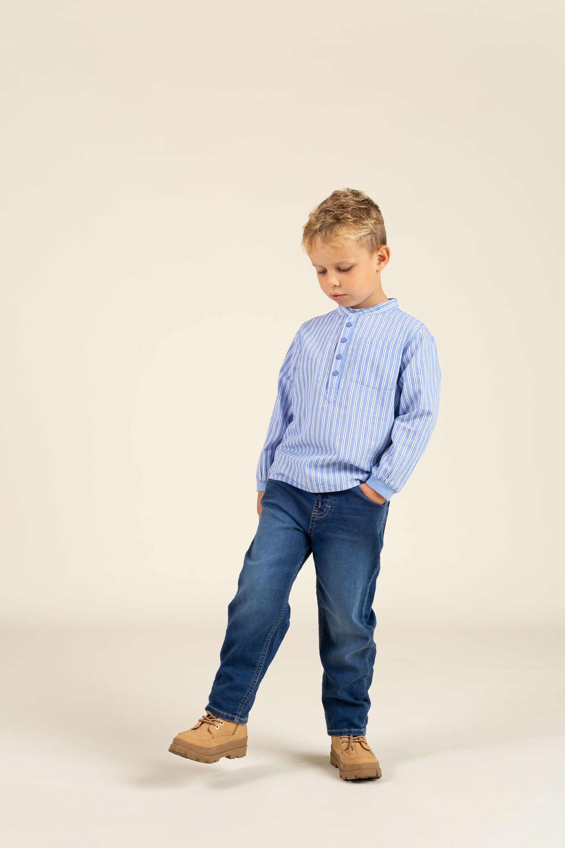 Striped Mandarin Shirt - Kids - Blue Stripe | 100488 Kai