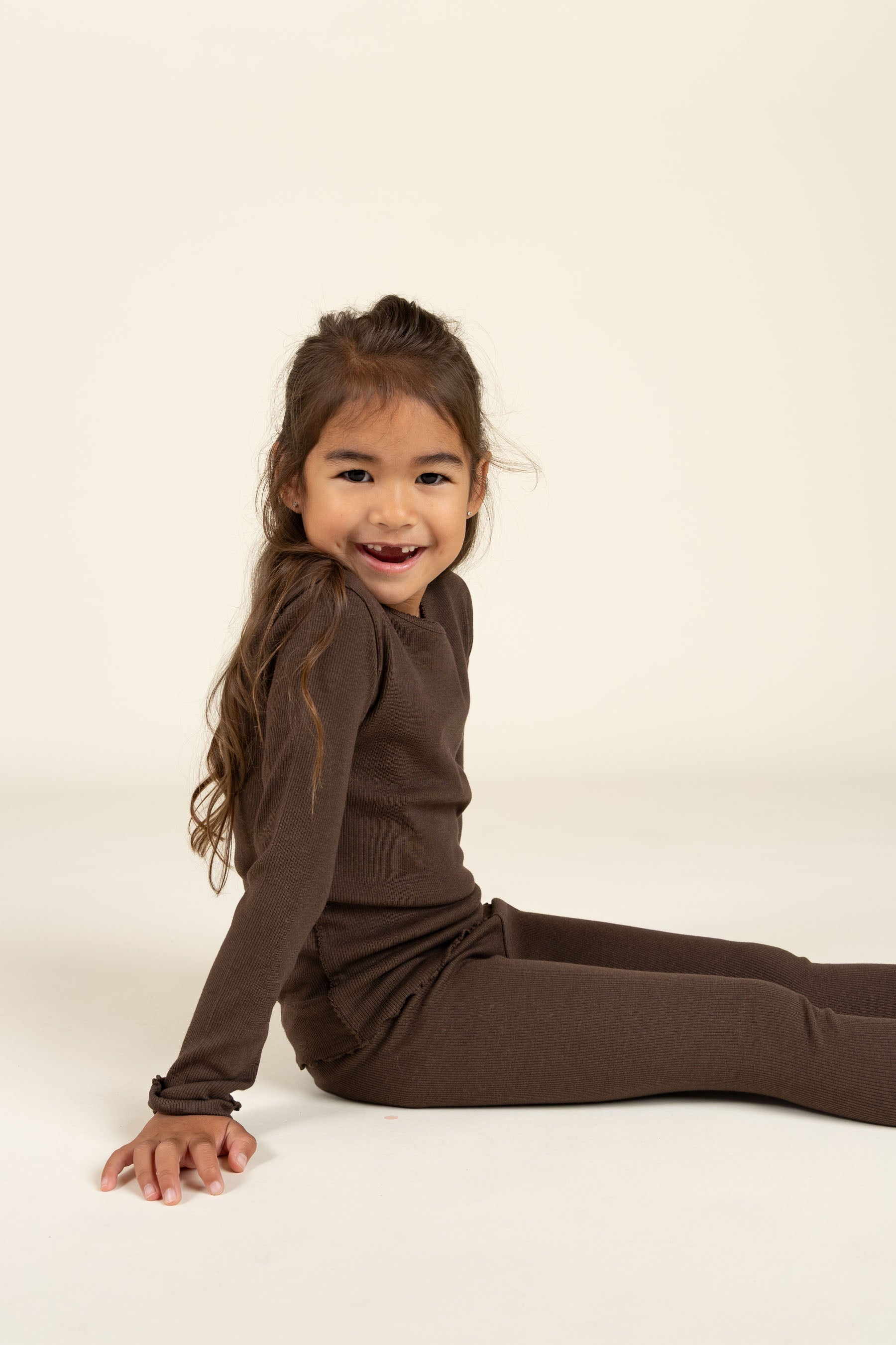 Long Sleeve Modal Rib T-Shirt with Picot edge - Kids - Chocolate | 100576 Mia